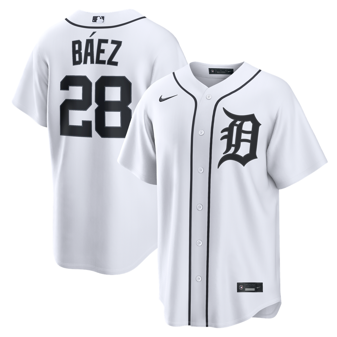 Detroit Tigers Javier Báez Nike White Home Replica Jersey product image 1, provided for visual reference and product detail