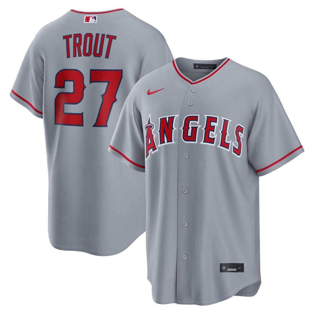 Los Angeles Angels Mike Trout Nike Gray Road Replica Jersey product image 1, provided for visual reference and product