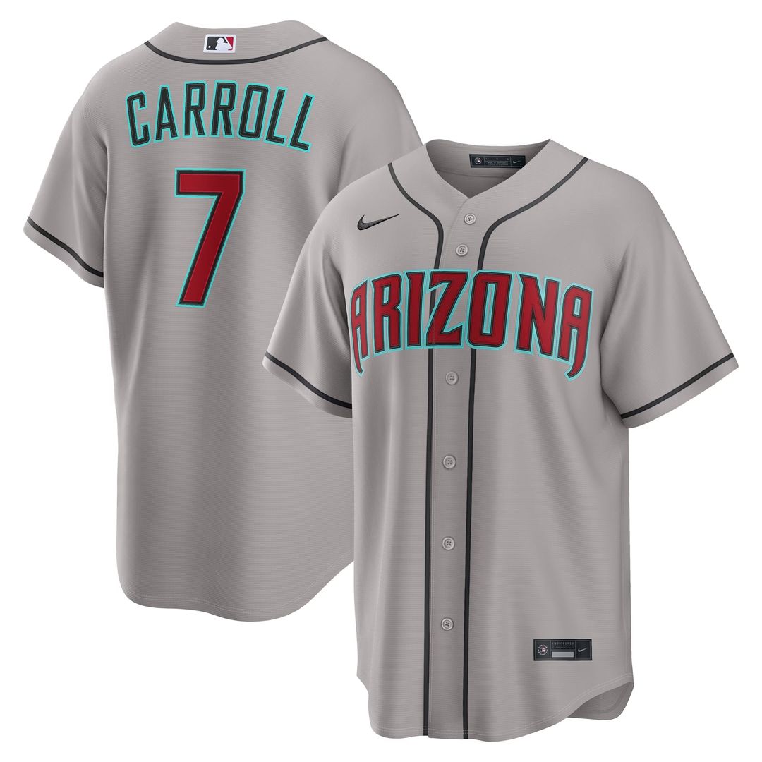 Arizona Diamondbacks Corbin Carroll Nike Gray Road Replica Jersey product image 1, provided for visual reference and product