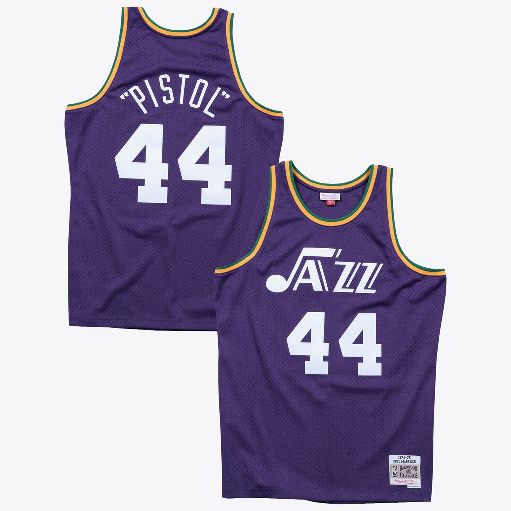 New Orleans Jazz Mitchell & Ness Pete Maravich 1974 Swingman Road Authentic Jersey - Purple product image 1, provided for