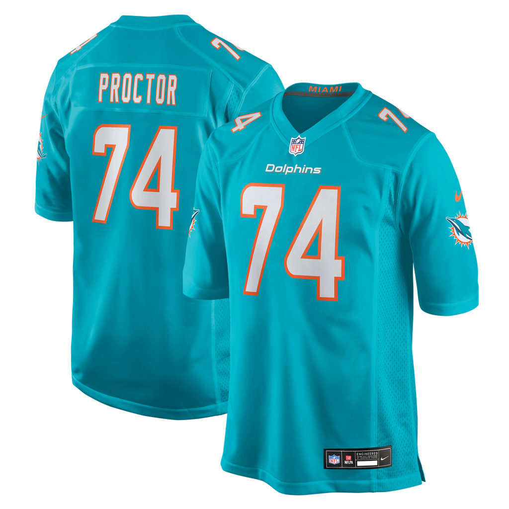 Miami Dolphins Kadyn Proctor Nike Aqua Team Game Jersey product image 1, provided for visual reference and product detail