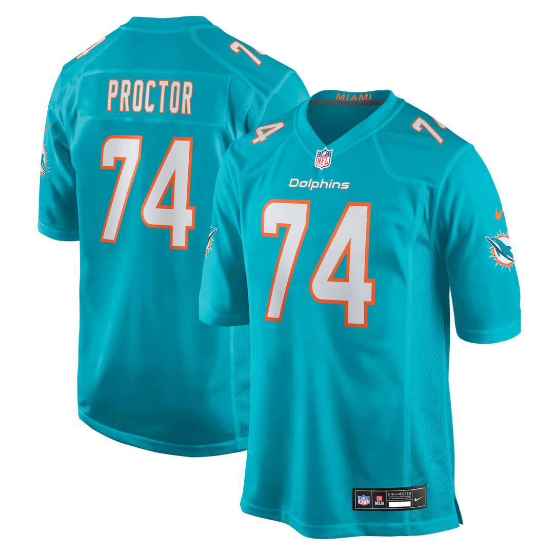 Miami Dolphins Kadyn Proctor Nike Aqua Team Game Jersey product image 1, provided for visual reference and product detail
