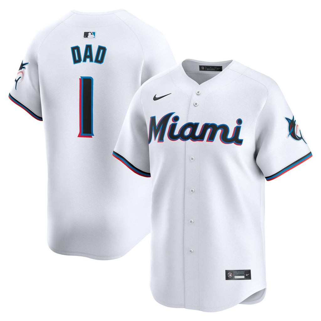 Miami Marlins Nike White #1 Dad Home Limited Jersey product image 1, provided for visual reference and product detail review