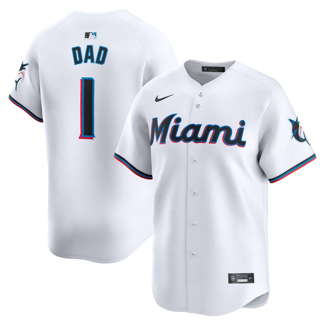 Miami Marlins Nike White #1 Dad Home Limited Jersey product image 1, provided for visual reference and product detail review
