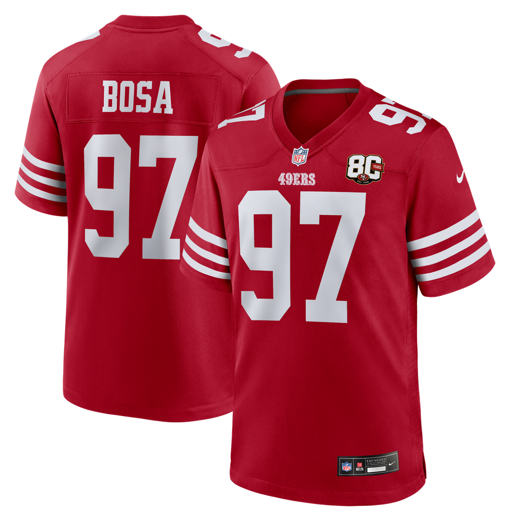 San Francisco 49ers Nick Bosa Nike Scarlet 80th Anniversary Game Jersey product image 11, provided for visual reference and
