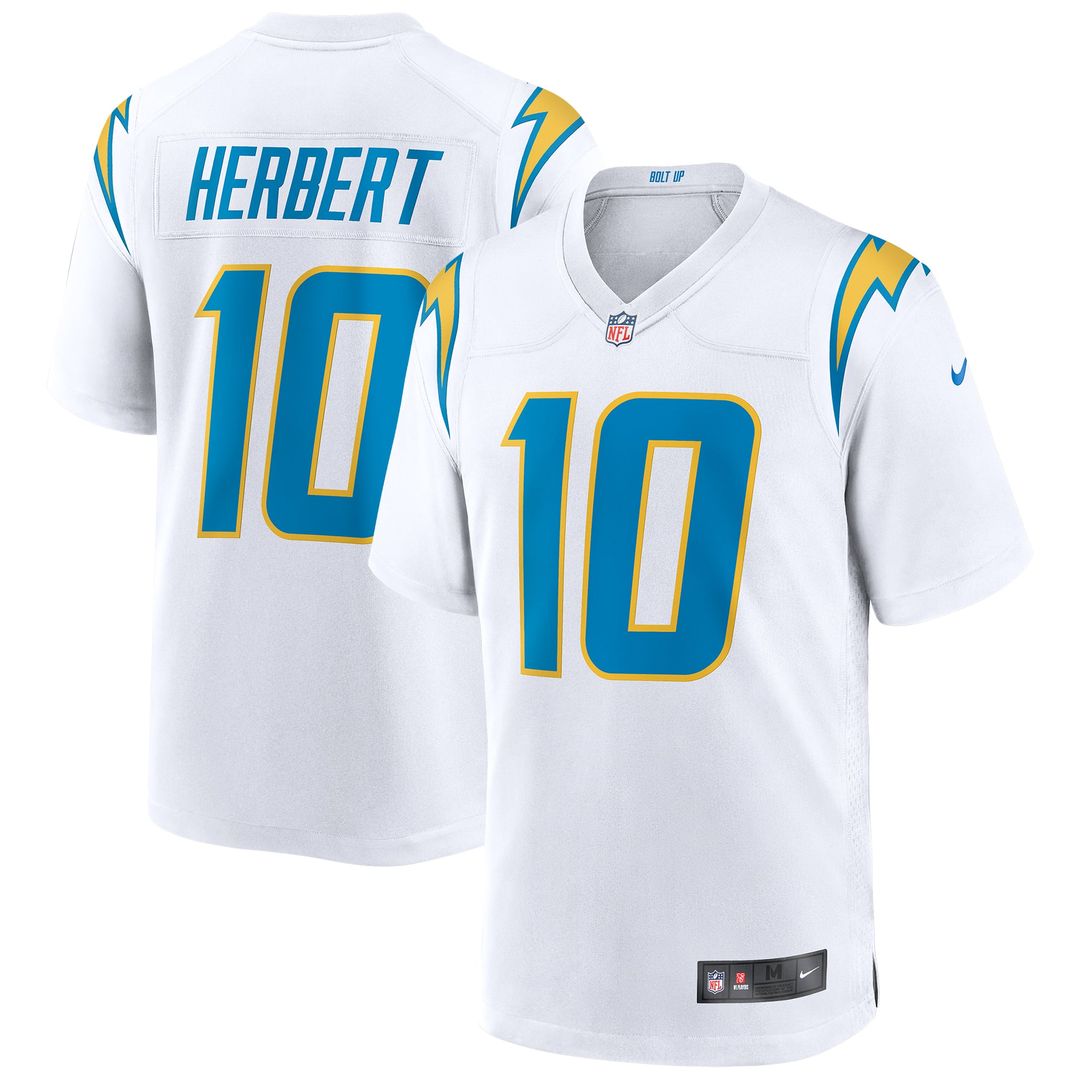 Los Angeles Chargers Justin Herbert Nike White Game Jersey product image 1, provided for visual reference and product detail
