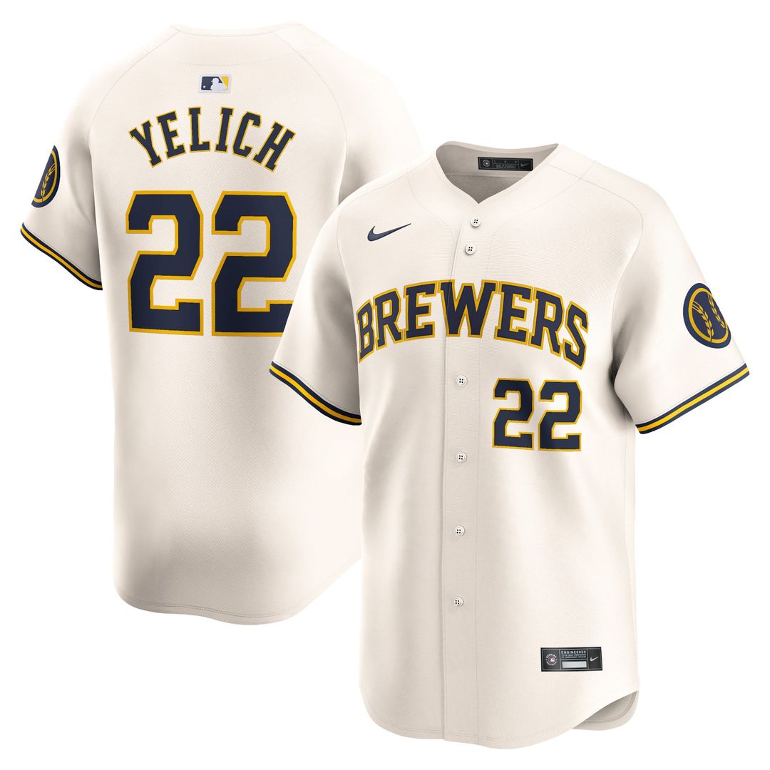 Milwaukee Brewers Christian Yelich Nike Cream Home Limited Player Jersey product image 1, provided for visual reference and