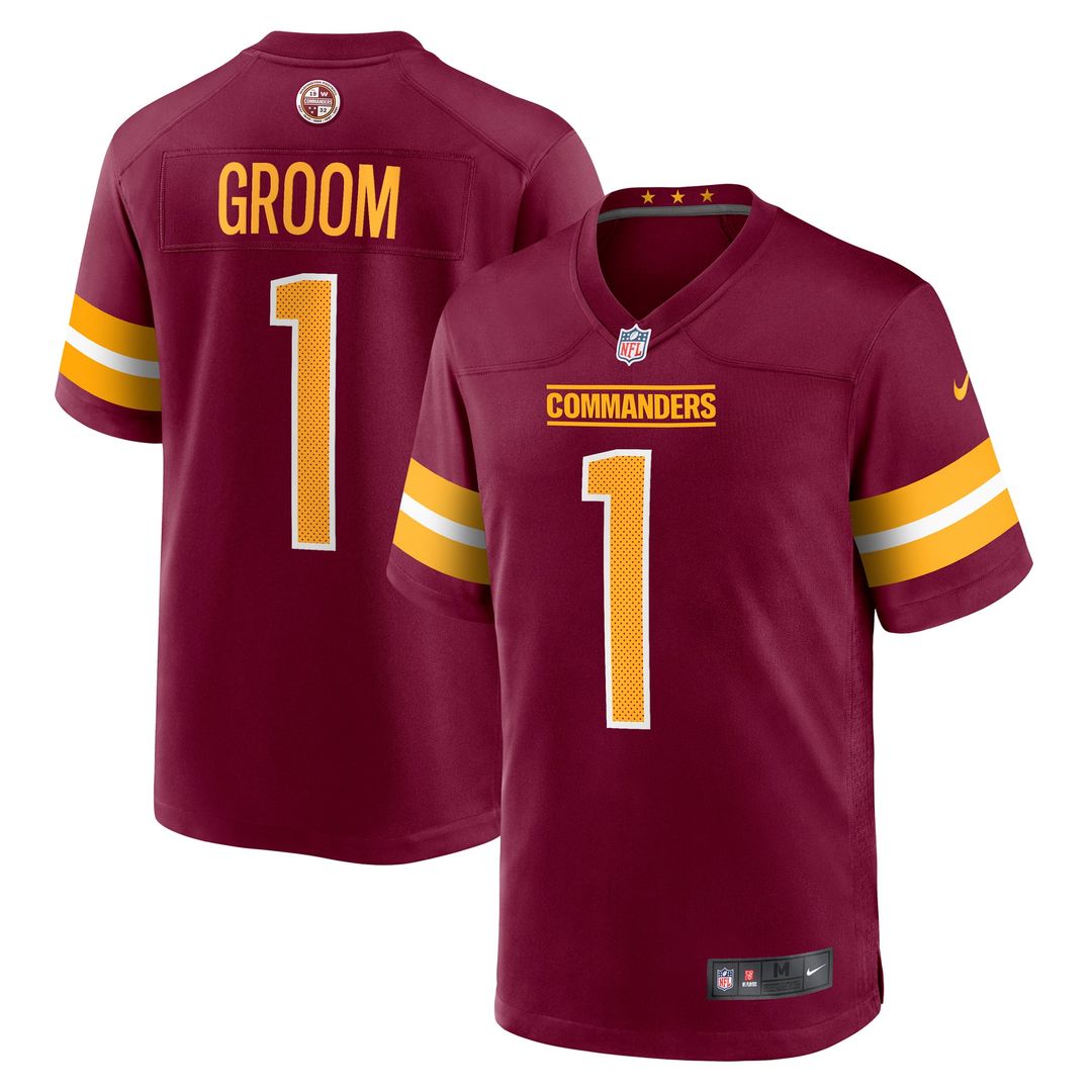 Washington Commanders Number 1 Groom Nike Burgundy Game Jersey product image 1, provided for visual reference and product
