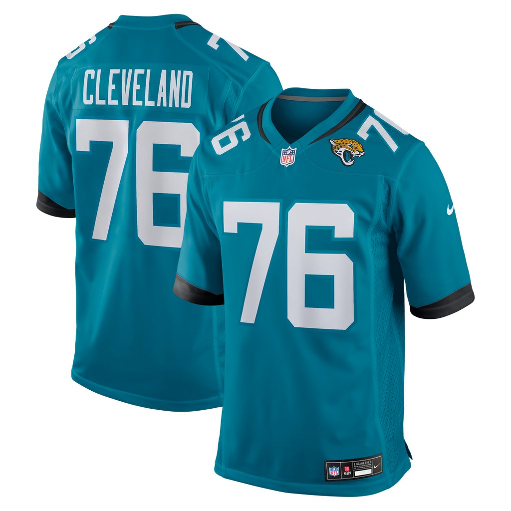 Jacksonville Jaguars Ezra Cleveland Nike Teal Game Jersey product image 1, provided for visual reference and product detail
