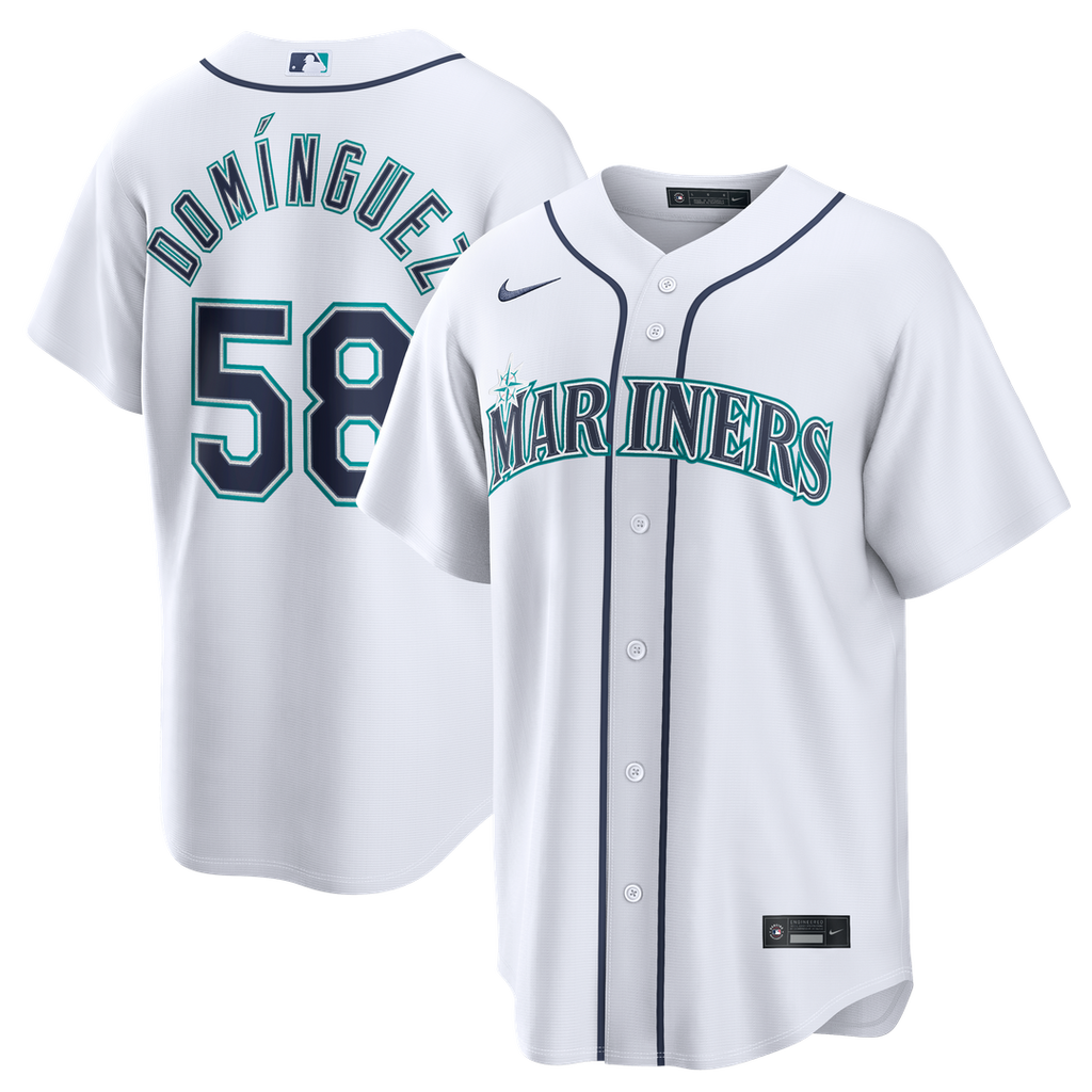Seattle Mariners Seranthony Domínguez Nike White Home Replica Jersey product image 1, provided for visual reference and