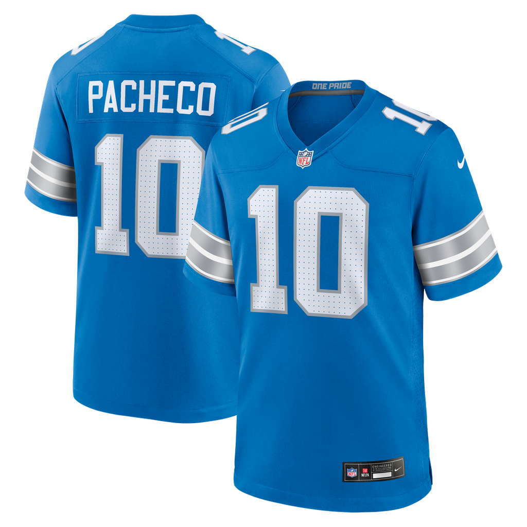 Detroit Lions Isiah Pacheco Nike Blue Team Game Jersey product image 1, provided for visual reference and product detail