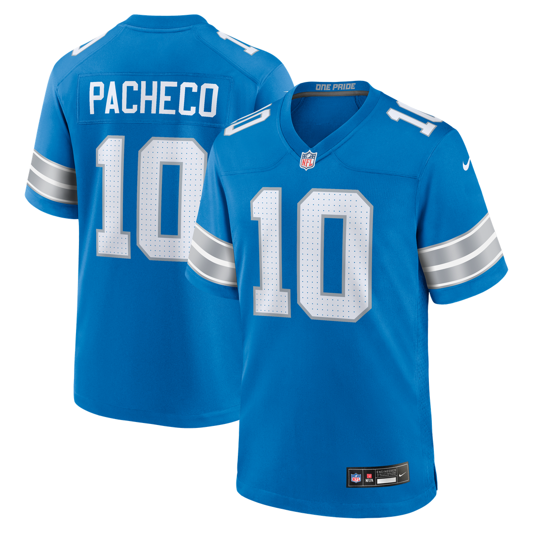 Detroit Lions Isiah Pacheco Nike Blue Team Game Jersey product image 1, provided for visual reference and product detail