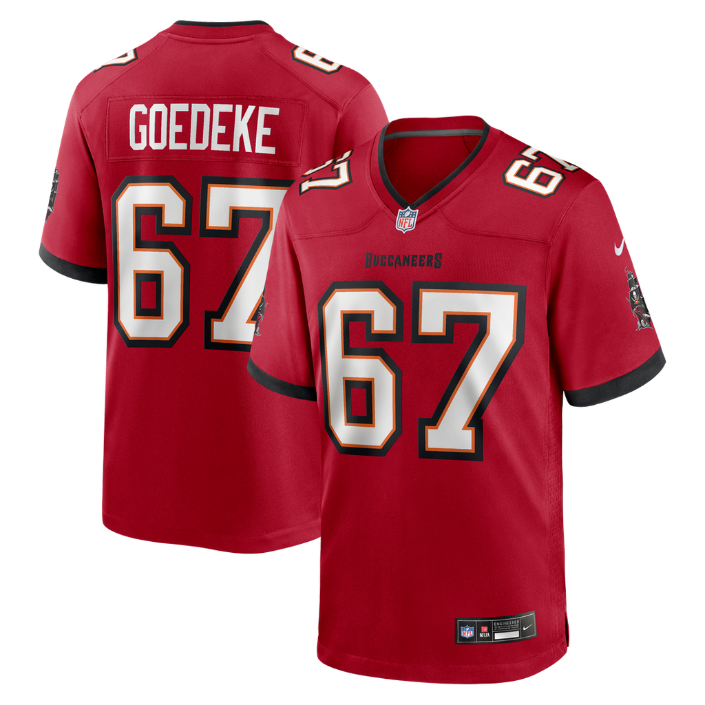 Tampa Bay Buccaneers Luke Goedeke Nike Red Game Player Jersey product image 1, provided for visual reference and product