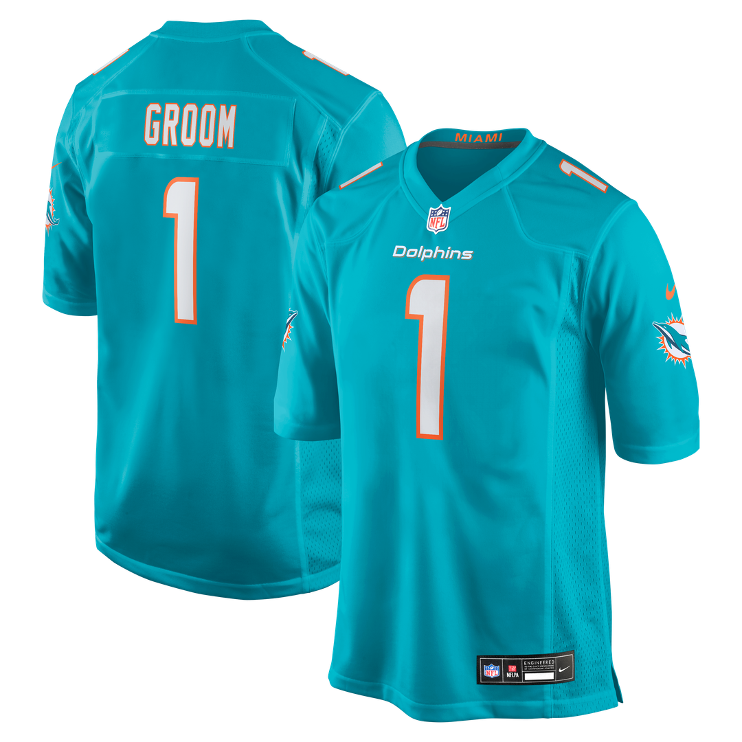 Miami Dolphins Number 1 Groom Nike Aqua Game Jersey product image 1, provided for visual reference and product detail review