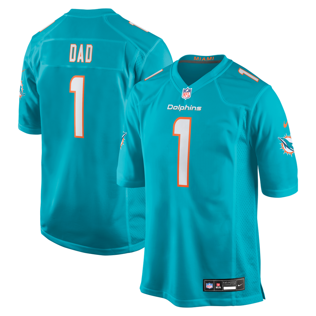 Miami Dolphins Number 1 Dad Nike Aqua Game Jersey product image 1, provided for visual reference and product detail review