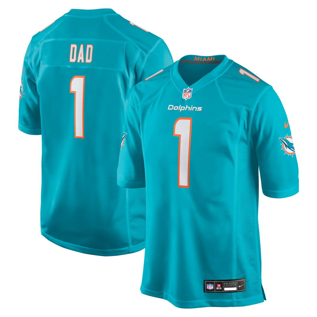 Miami Dolphins Number 1 Dad Nike Aqua Game Jersey product image 1, provided for visual reference and product detail review