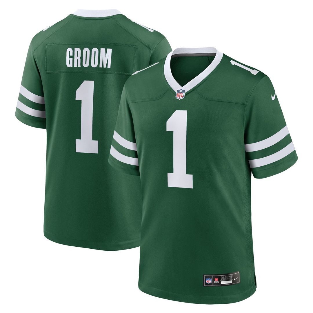New York Jets Number 1 Groom Nike Legacy Green Game Jersey product image 1, provided for visual reference and product detail