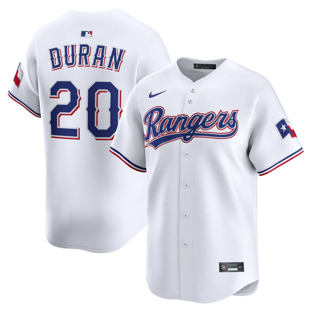 Texas Rangers Ezequiel Duran Nike White Home Limited Player Jersey product image 1, provided for visual reference and