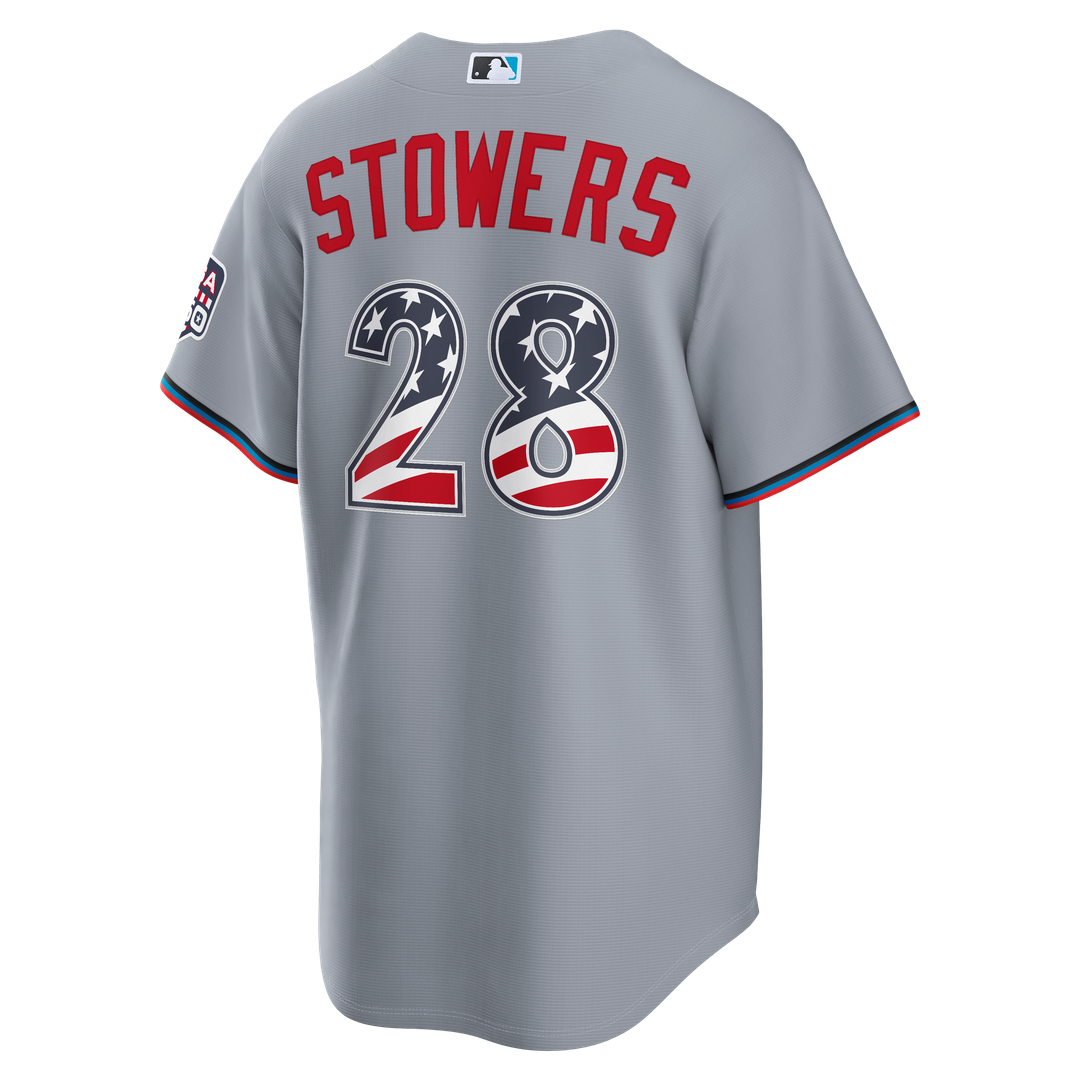 Fourth of July Miami Marlins Kyle Stowers Nike Gray USA 250 Stadium Jersey product image 3, provided for visual reference