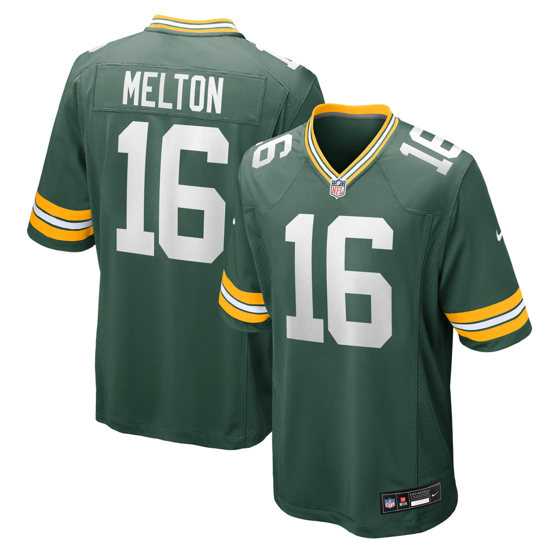 Green Bay Packers Bo Melton Nike Green Team Game Jersey product image 1, provided for visual reference and product detail