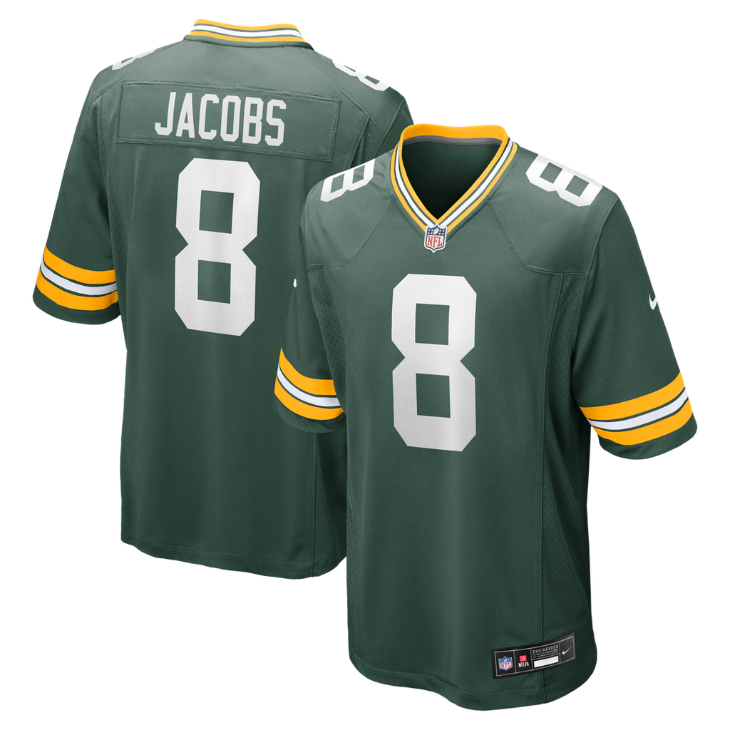 Green Bay Packers Josh Jacobs Nike Green Team Game Jersey product image 1, provided for visual reference and product detail