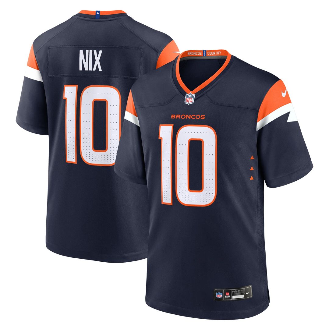 Denver Broncos Bo Nix Nike Navy Alternate Game Jersey product image 1, provided for visual reference and product detail