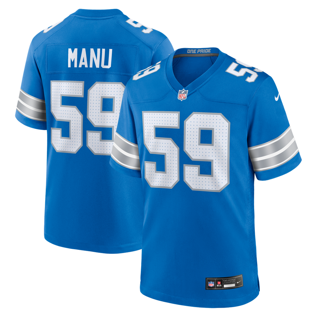 Detroit Lions Giovanni Manu Nike Blue Team Game Jersey product image 1, provided for visual reference and product detail