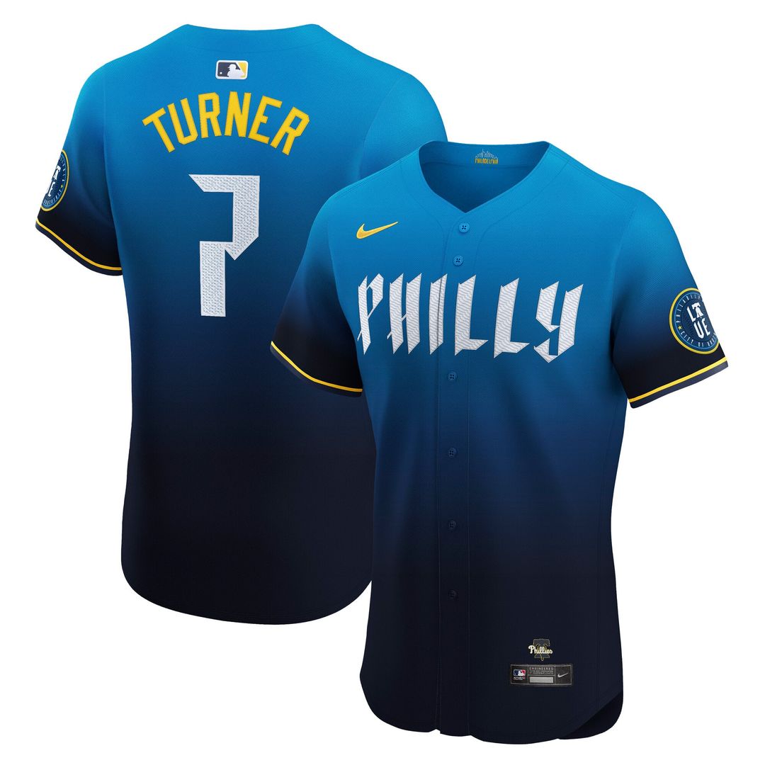 Philadelphia Phillies Trea Turner Nike Navy City Connect Elite Jersey product image 1, provided for visual reference and