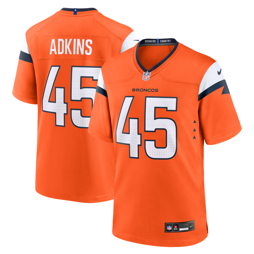 Denver Broncos Nate Adkins Nike Orange Team Game Jersey product image 1, provided for visual reference and product detail