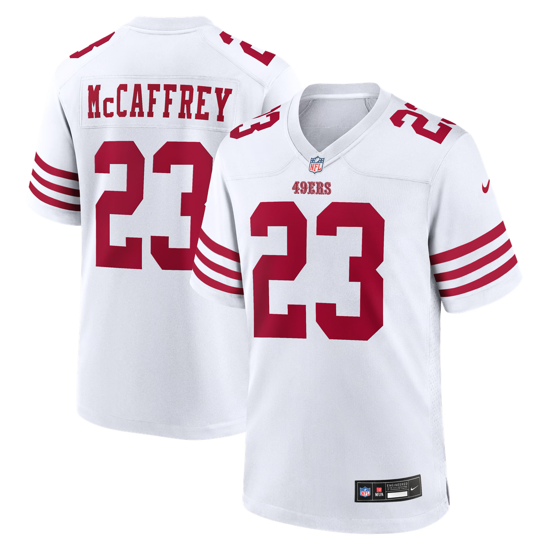 San Francisco 49ers Christian McCaffrey Nike White Game Player Jersey product image 1, provided for visual reference and