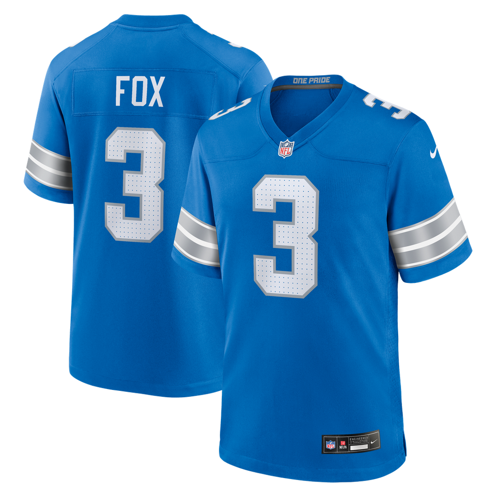 Detroit Lions Jack Fox Nike Blue Team Game Jersey product image 1, provided for visual reference and product detail review