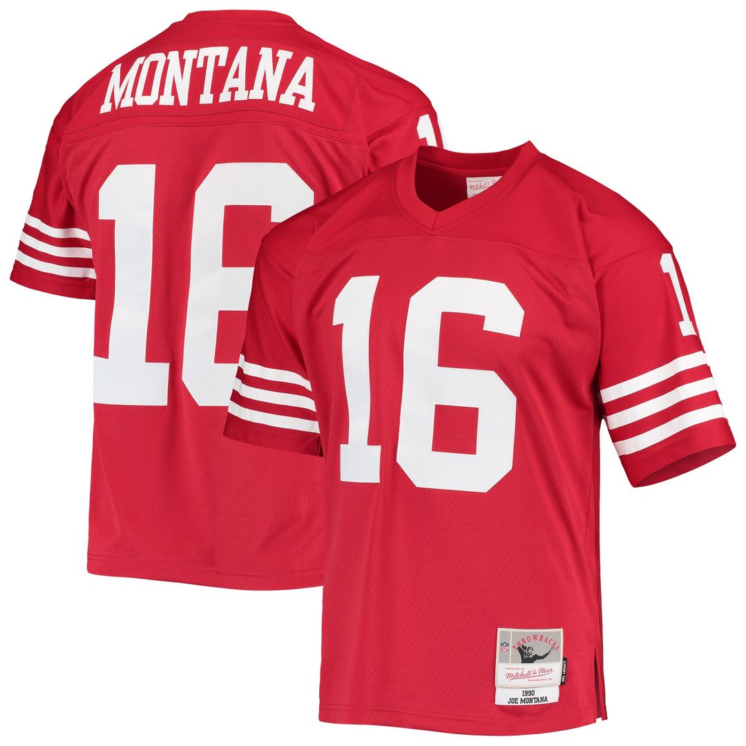 San Francisco 49ers Joe Montana Mitchell & Ness Scarlet Legacy Replica Jersey product image 1, provided for visual reference