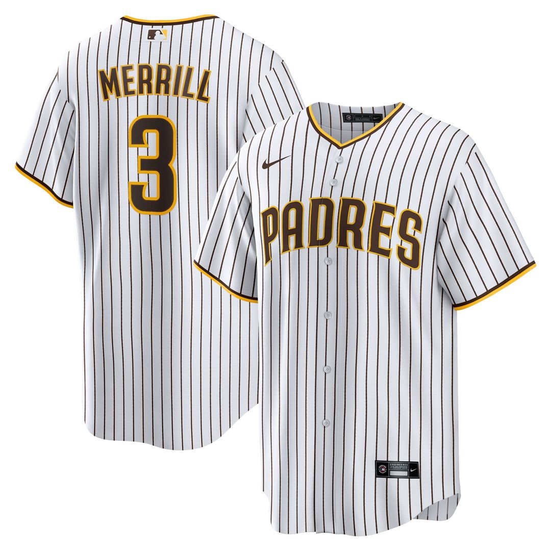 San Diego Padres Jackson Merrill Nike White Home Replica Jersey product image 1, provided for visual reference and product