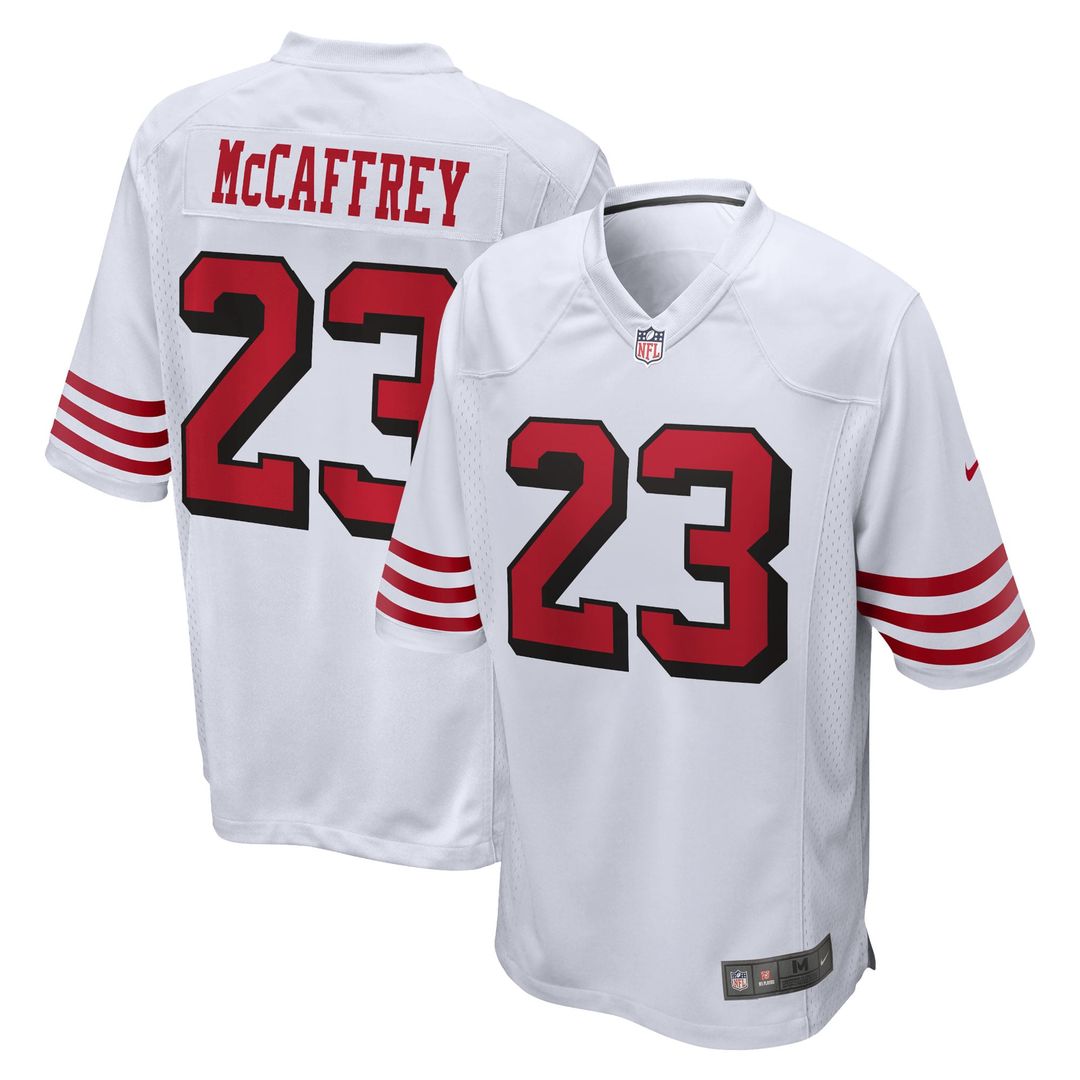 San Francisco 49ers Christian McCaffrey Nike White Game Jersey product image 1, provided for visual reference and product