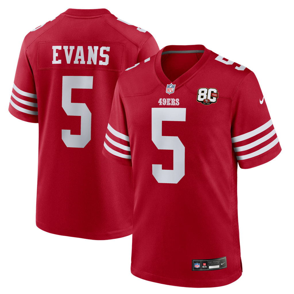 San Francisco 49ers Mike Evans Nike Scarlet 80th Anniversary Game Jersey product image 1, provided for visual reference and