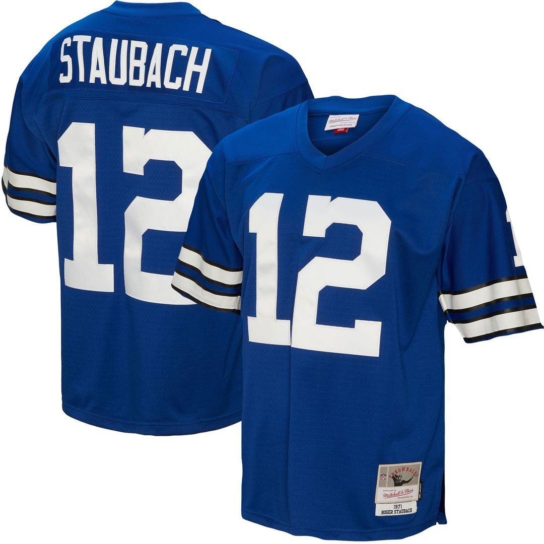 Dallas Cowboys Roger Staubach Mitchell & Ness Royal Legacy Replica Jersey product image 1, provided for visual reference and