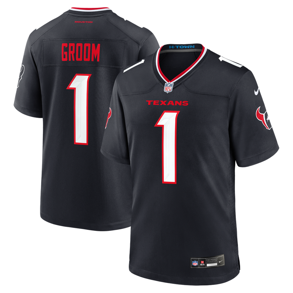 Houston Texans Number 1 Groom Nike Navy Game Jersey product image 1, provided for visual reference and product detail review