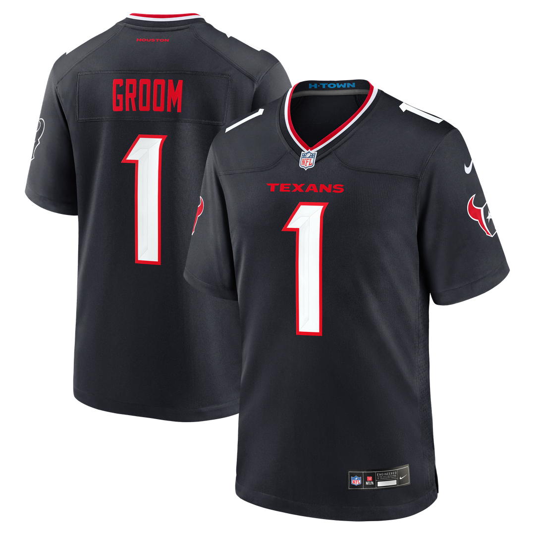 Houston Texans Number 1 Groom Nike Navy Game Jersey product image 1, provided for visual reference and product detail review