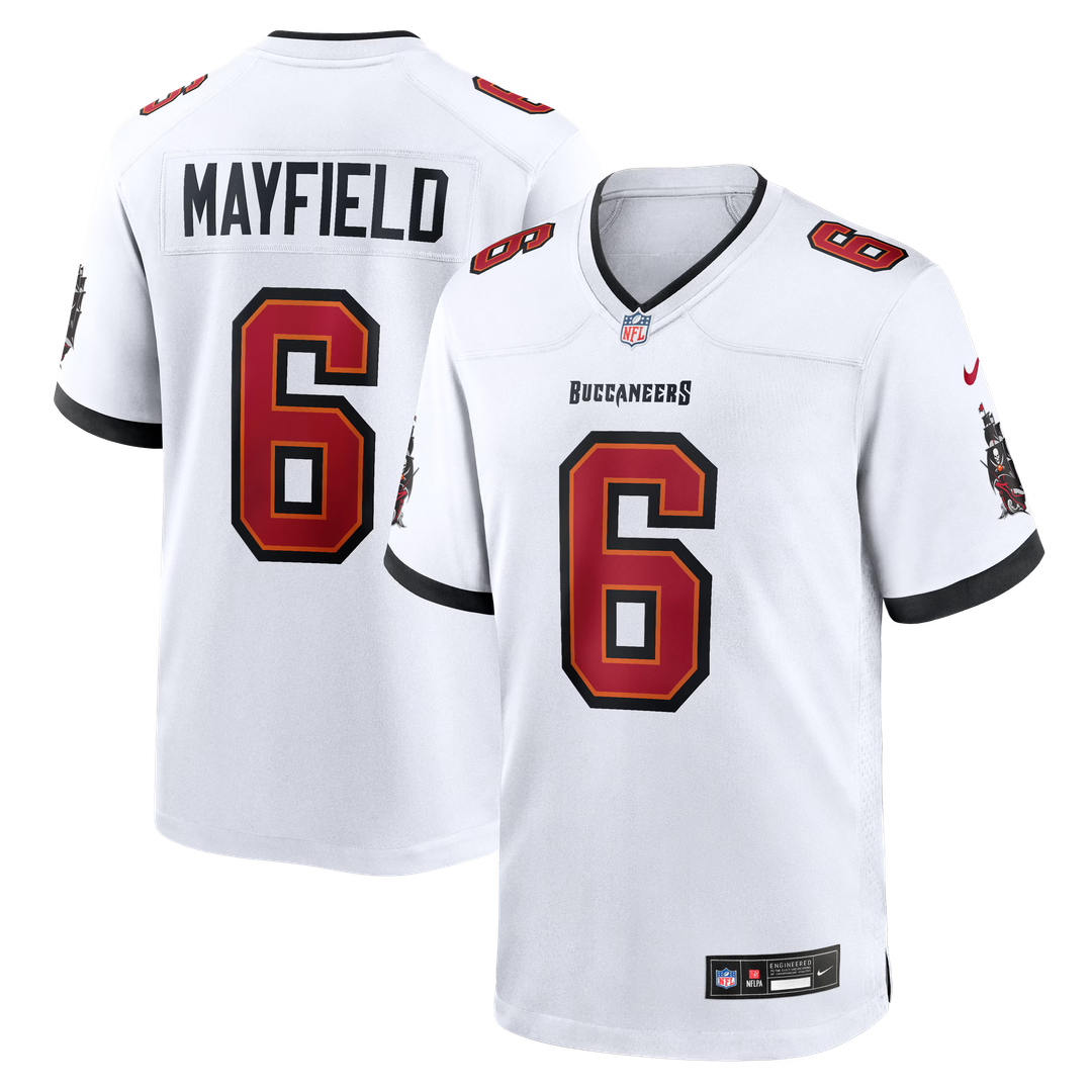 Tampa Bay Buccaneers Baker Mayfield Nike White Away Game Jersey product image 1, provided for visual reference and product