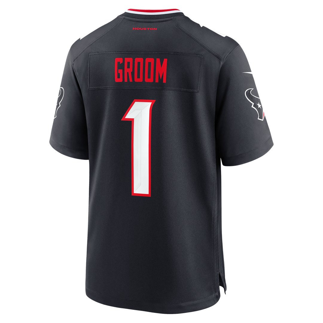 Houston Texans Number 1 Groom Nike Navy Game Jersey product image 3, provided for visual reference and product detail review