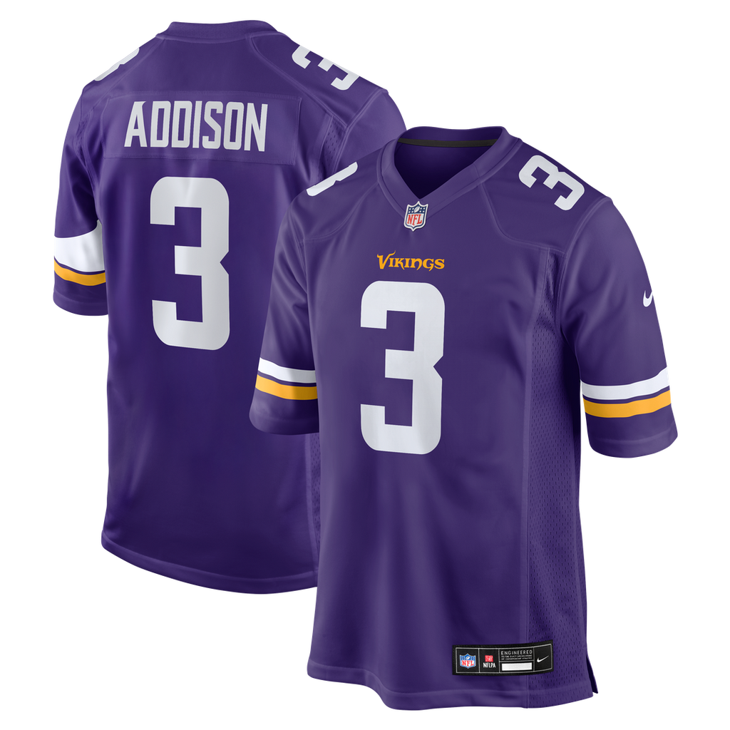 Minnesota Vikings Jordan Addison Nike Purple Game Jersey product image 1, provided for visual reference and product detail