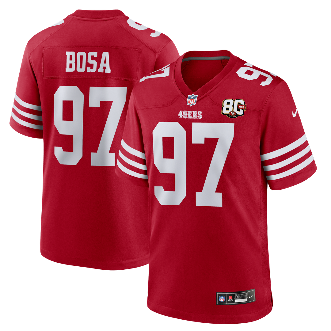 San Francisco 49ers Nick Bosa Nike Scarlet 80th Anniversary Game Jersey product image 1, provided for visual reference and