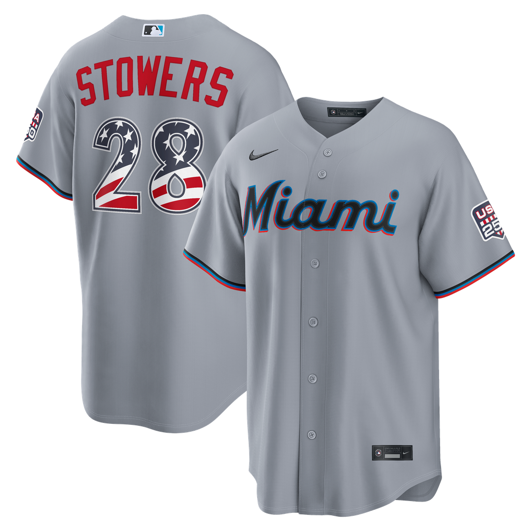 Fourth of July Miami Marlins Kyle Stowers Nike Gray USA 250 Stadium Jersey product image 1, provided for visual reference