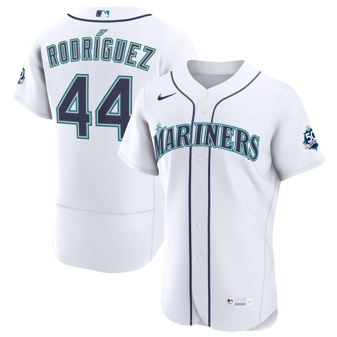Seattle Mariners Julio Rodriguez Nike White Home 50th Season Authentic Jersey product image 1, provided for visual reference
