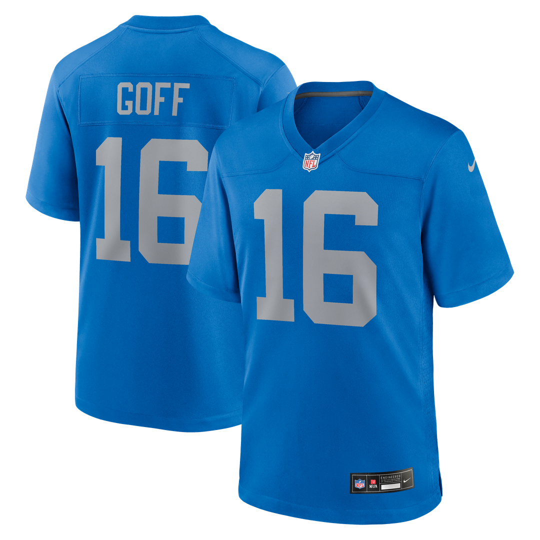 Detroit Lions Jared Goff Nike Blue Alternate Game Jersey product image 1, provided for visual reference and product detail