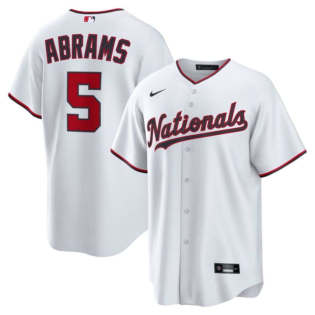 Washington Nationals CJ Abrams Nike White Home Replica Jersey product image 1, provided for visual reference and product