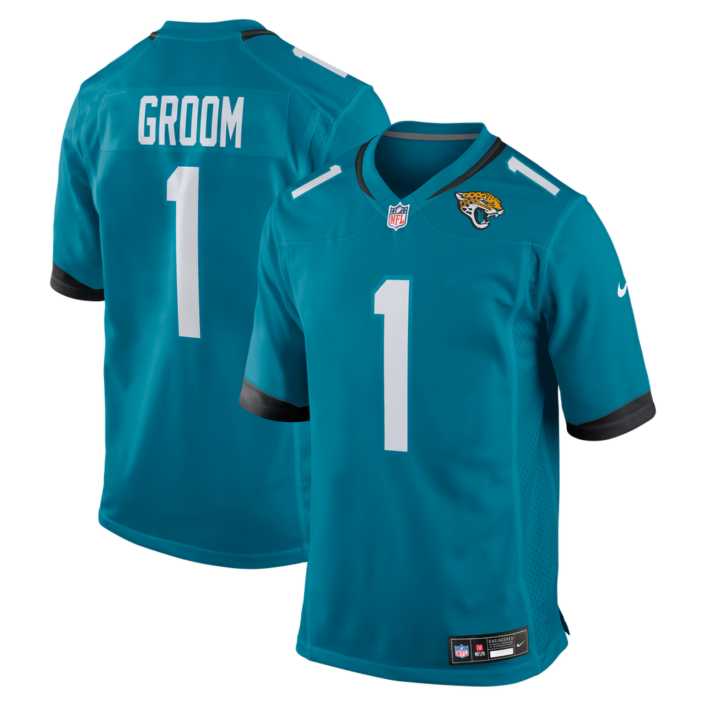 Jacksonville Jaguars Number 1 Groom Nike Teal Game Jersey product image 1, provided for visual reference and product detail