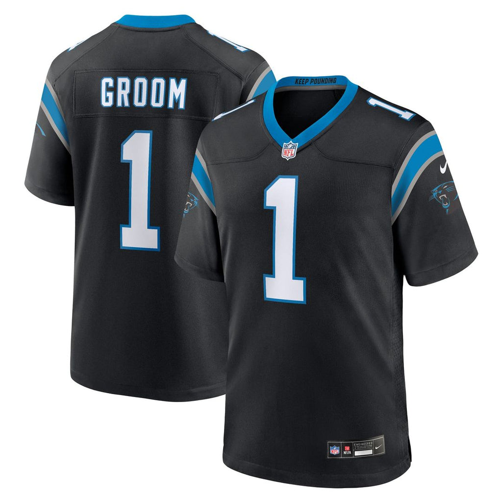Carolina Panthers Number 1 Groom Nike Black Game Jersey product image 1, provided for visual reference and product detail