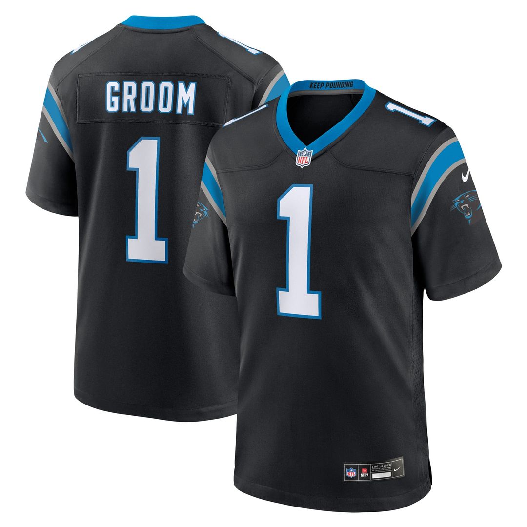 Carolina Panthers Number 1 Groom Nike Black Game Jersey product image 1, provided for visual reference and product detail