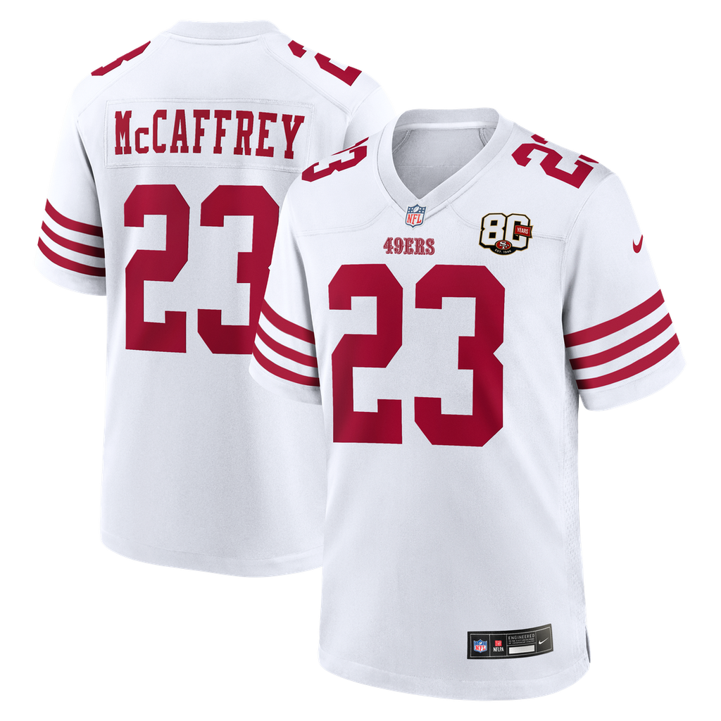 San Francisco 49ers Christian McCaffrey Nike White 80th Anniversary Game Jersey product image 1, provided for visual
